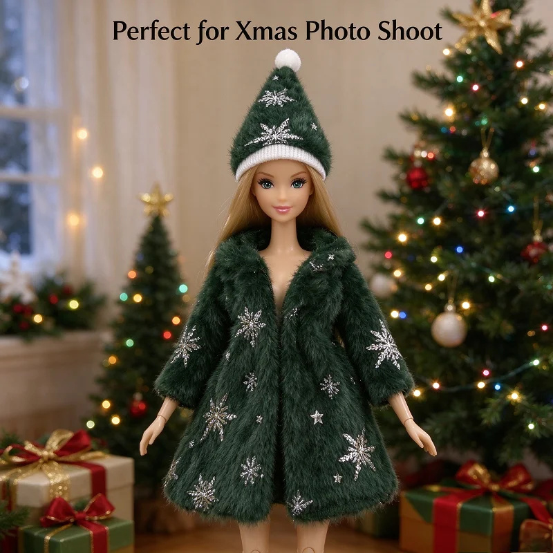 11 Inch Barbie Clothes Christmas Tree-Shaped Furry Coat for Blythe Doll, Xmas Hat & Snowflake Sequins, Perfect Gift for Girls