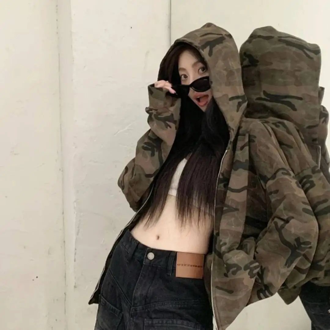 Women's Hoodies Autumn Retro Camouflage Jacket Loose Lazy Hooded Sweatshirt With Zip Long Sleeve Design Sense Top