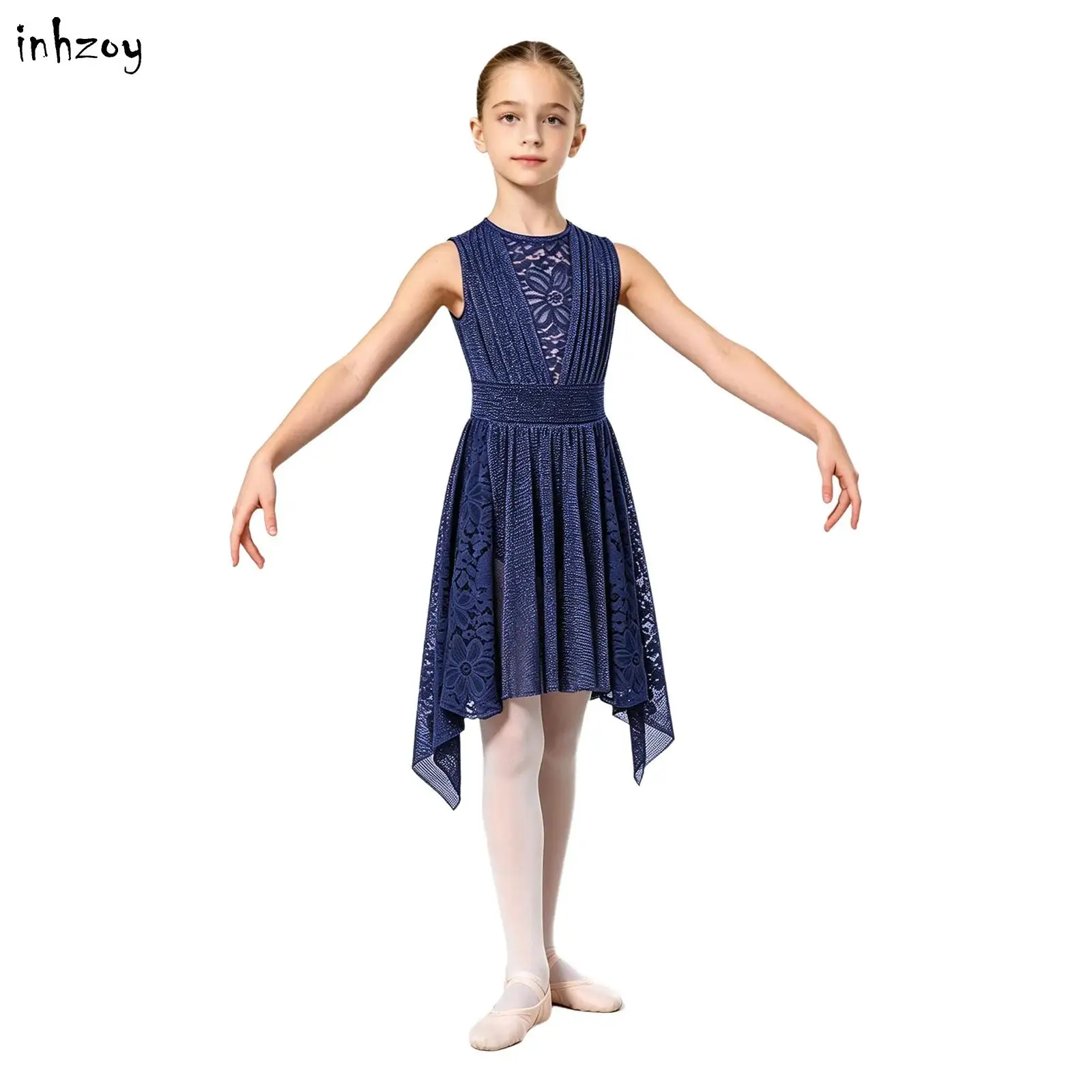 Kids Girls Modern Lyrical Ballet Dance Dress Floral Lace Patchwork Sleeveless Cutout Back Ruched Shimmery Mesh Leotard Dress