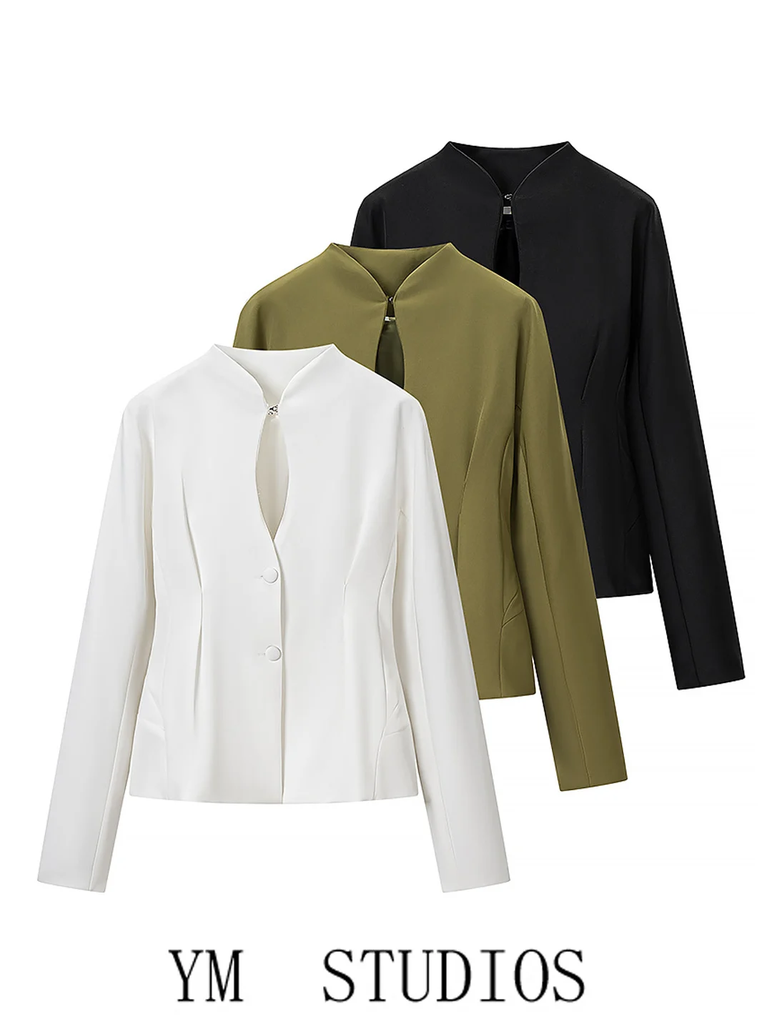 Elegant Hollow out Waist-Cinching Suit Jacket Women's Businesswear Stand Collar Long Sleeve Polyester Fiber Autumn Outerwear