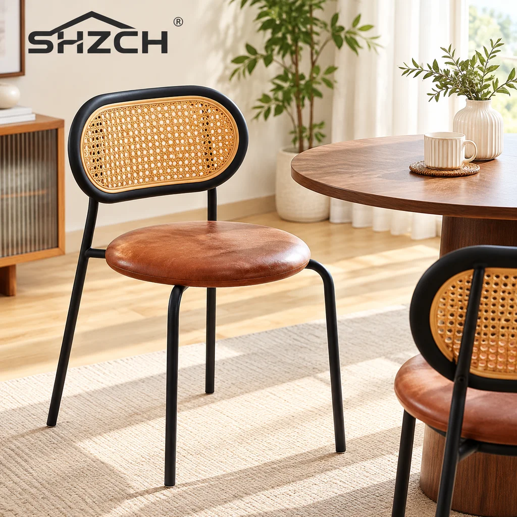 Nordic Vintage Dining Chair, Breathable Plastic Woven Back, Retro Kitchen Chairs for Home, Stackable Restaurant Hotel Furniture