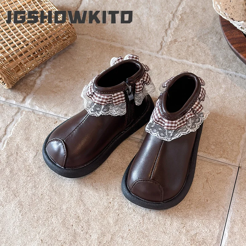 JGSHOWKITO Winter Girl Lace Trim Plush Boots Soft Side Zipper Children Ankle Boots Retro Plaid Ruffle Kids Princess Cotton Boots