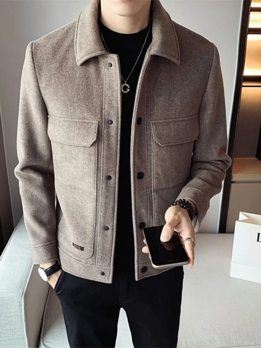 

Slim Fit Men's Woolen Jaet Faionable Turn-down Collar Outerwear Youthful Ele Coat Busin Casual Breathable