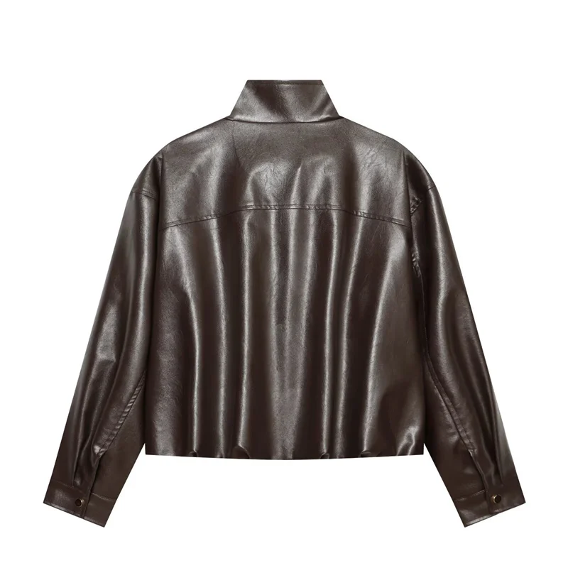 Guobioziy Women's Jacket 2026 Fall New Fashionable Versatile Solid Color Long Sleeve Stand Collar Leather-Effect Bomber Jacket