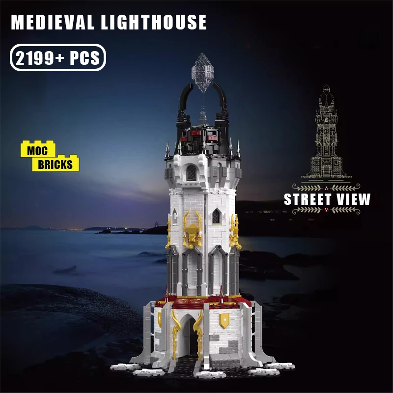 MOC City Medieval Style Lighthouse Model Street View with LED Building Blocks Modular Architecture Bricks Toys for Kids Gifts