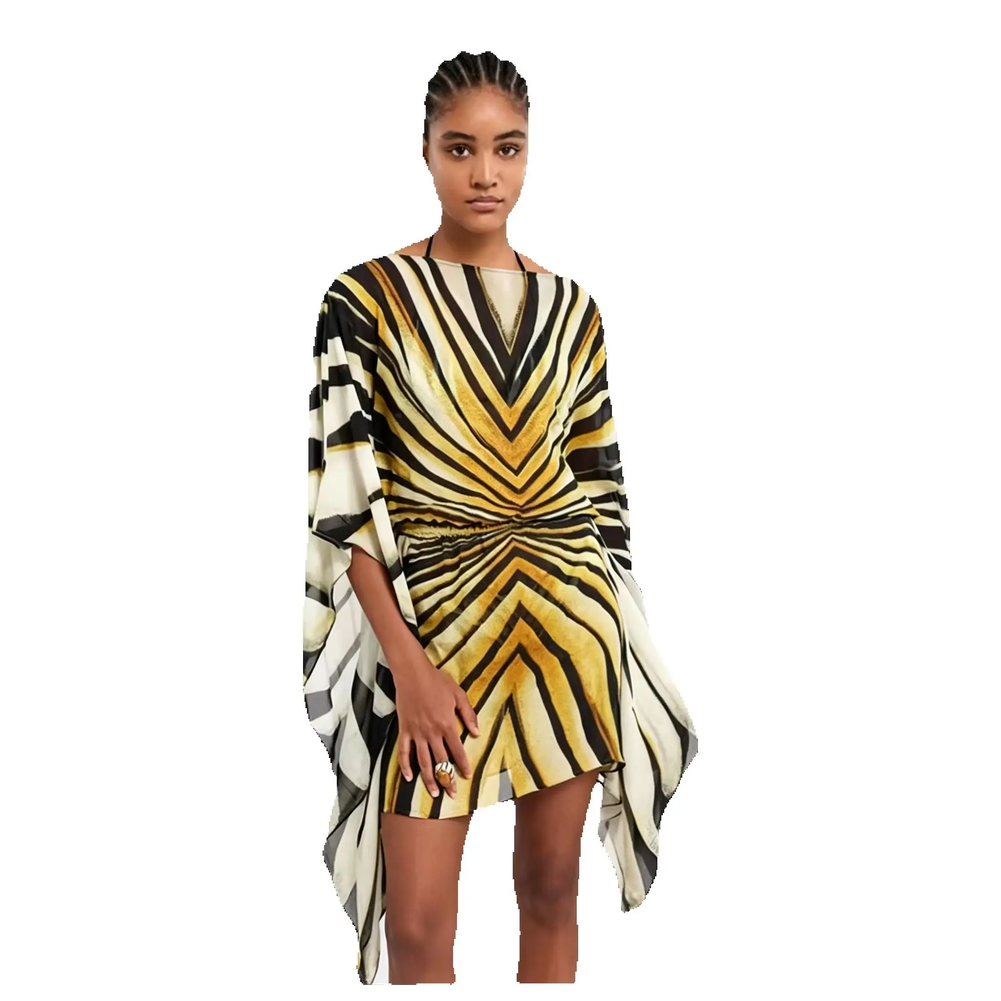 Holiday Loose Striped Mini Dress Women Round Neck Batwing Sleeve Lace Up Chic Dresses Female 2026 Summer Vacation Beach Robe New