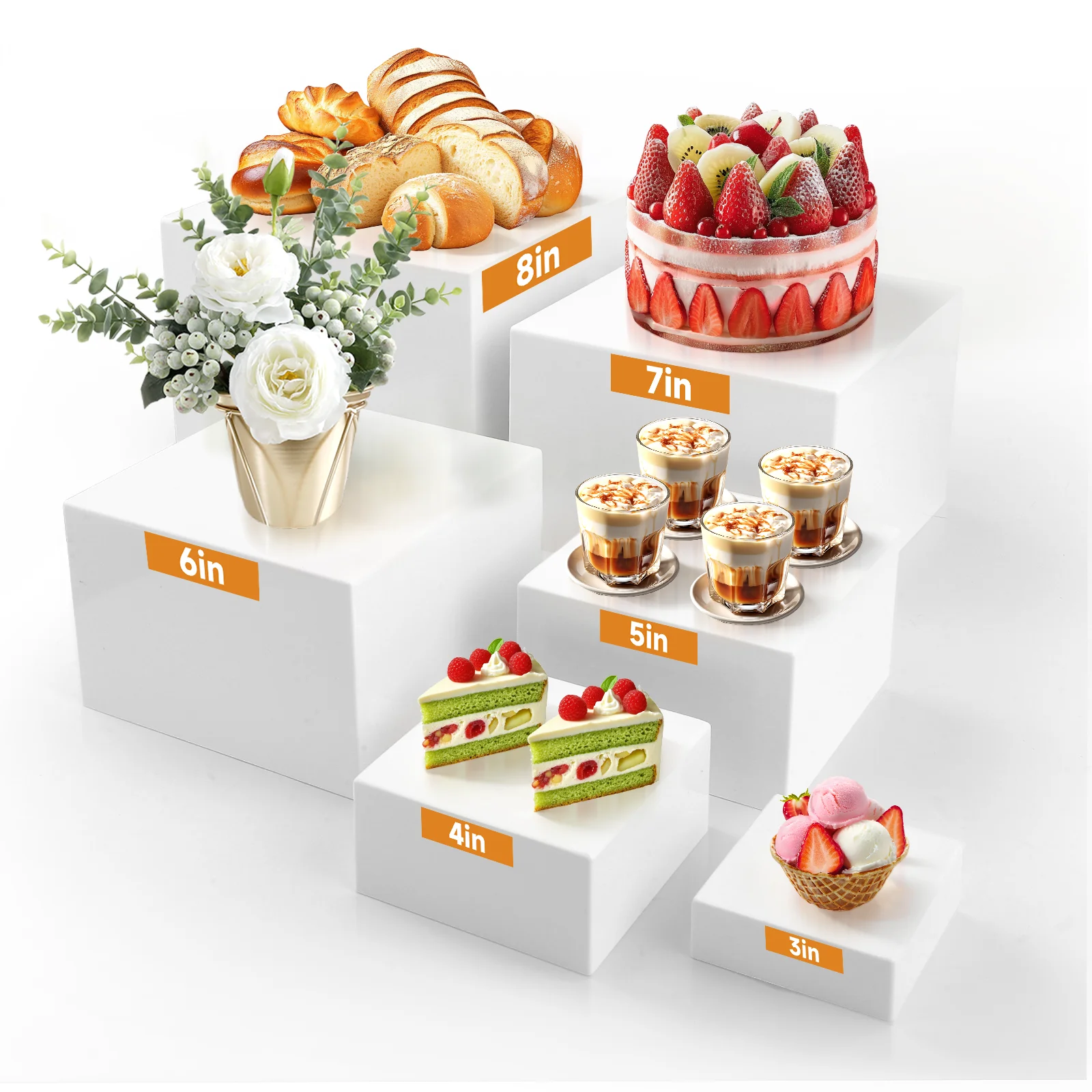 Buffet Risers 3-8inch Large White Acrylic Food Risers Dessert Table Display Stands Set For Catering Dessert Jewelry Figures Show