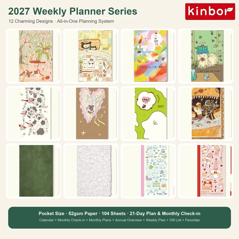 2027 Kinbor Dated Weeks Plan,AestheticAgenda Weekly Vertical Layout 52g Bachuan Paper Gift ForWriters,Students&Stationery Lovers