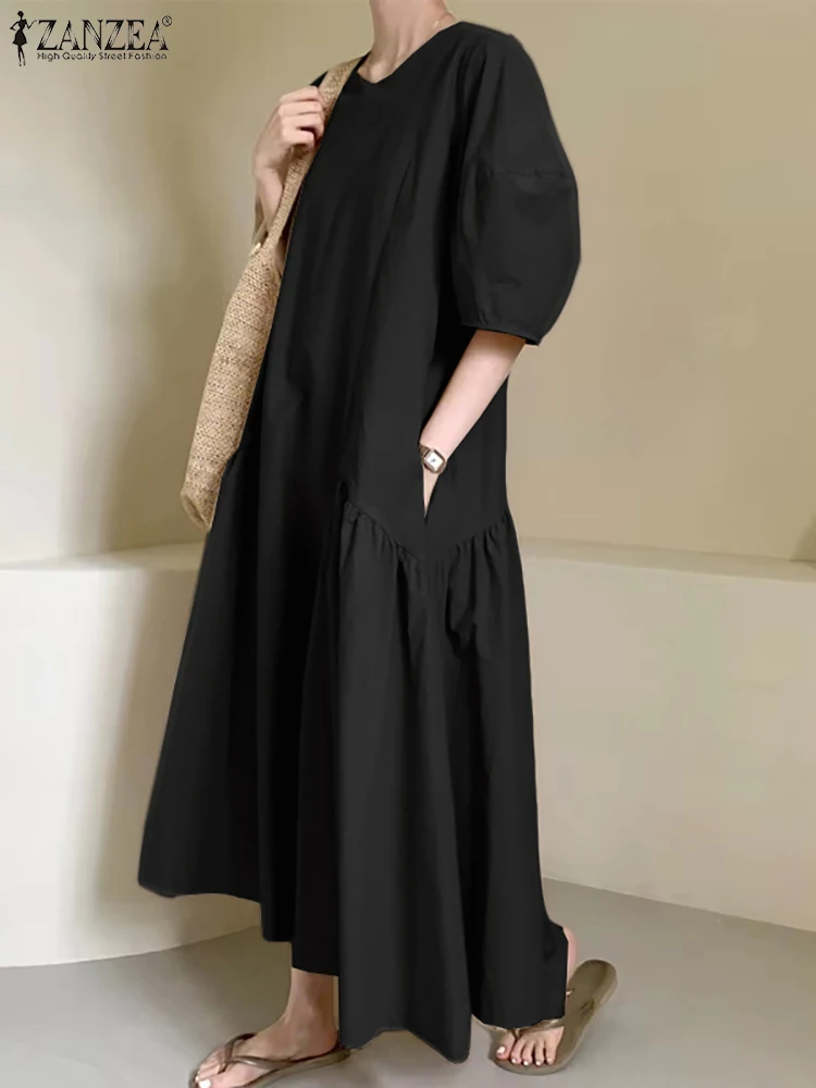 ZANZEA فساتين النساء الموضة 2025 الخريف فستان فضفاض الصلبة أنيق 3/4 فانوس كم العمل Vestidos رداء فام الصيف فستان الشمس