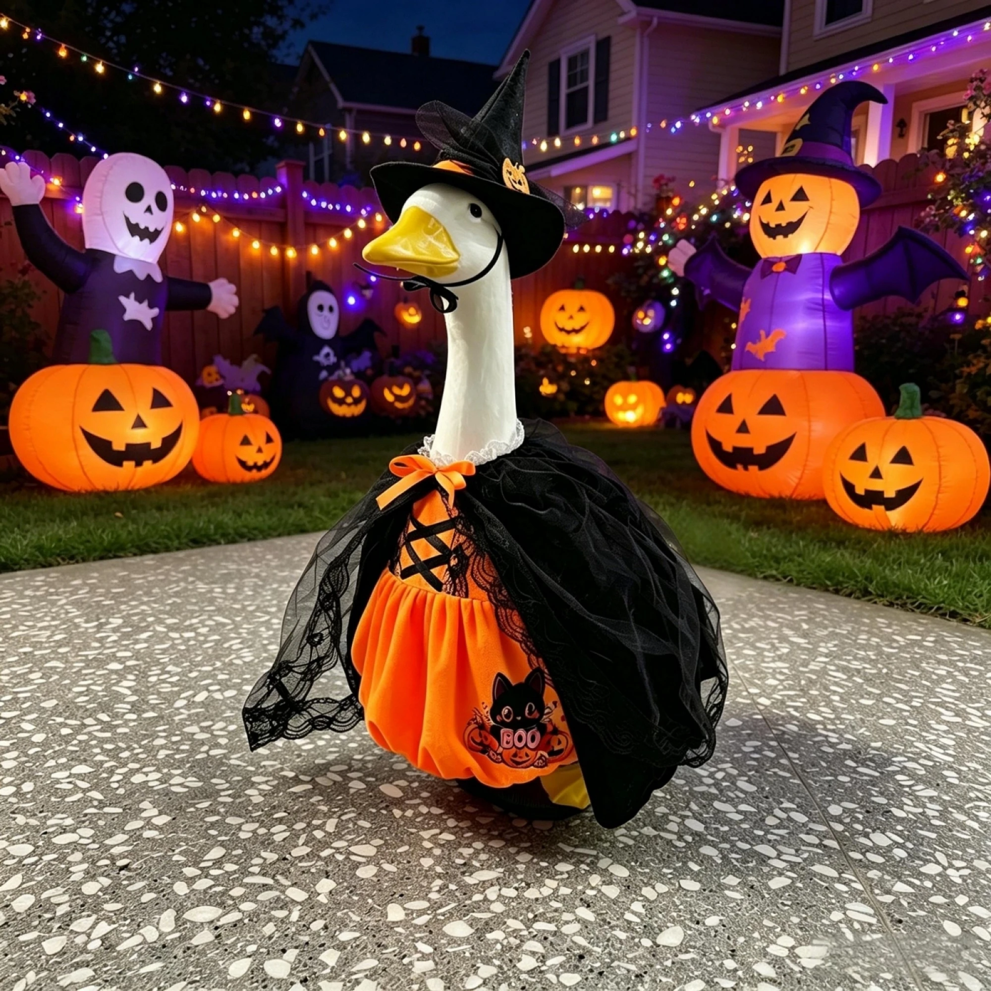 Porch Goose Halloween Outfit Black Cat Pumpkin Dress and Witch Hat Set for 23 Inch Lawn Goose Statue Clothes