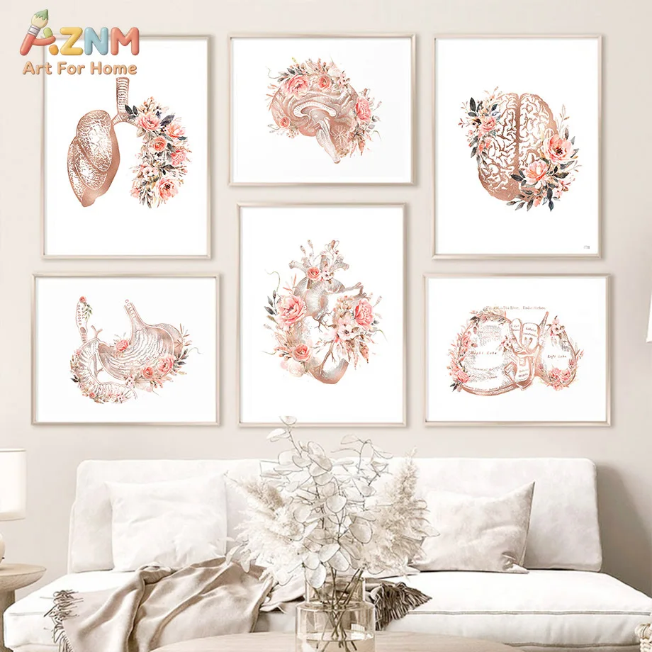 AZNM Floral Human Anatomy Frameless Canvas Wall Art, Rose Gold Organ Prints, Medical Decor for Clinic Office, Unframed Canvas Pa