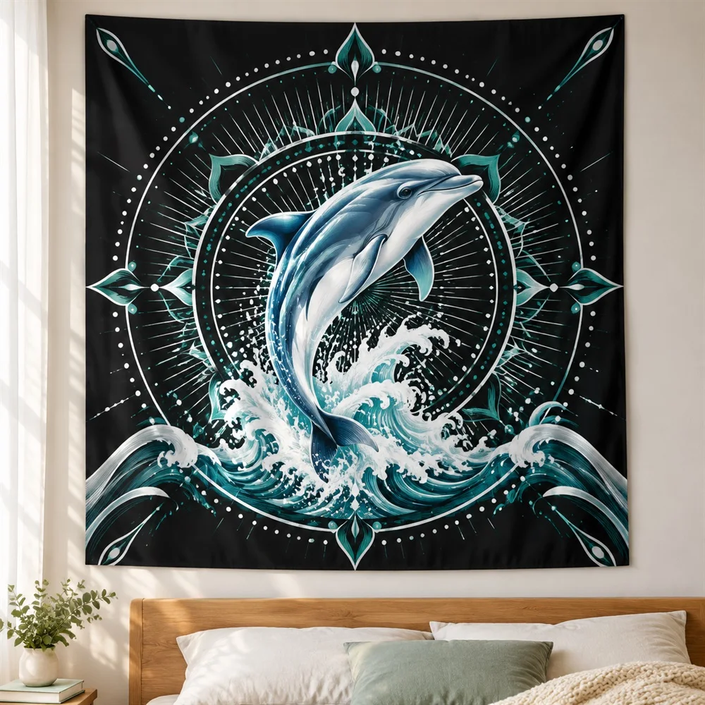 VIKAMA Dolphin Wave Tapestry Wall Hanging, Sea Animal Coastal Aesthetic Room Decor Tapestries for Bathroom Bedroom Kids Room