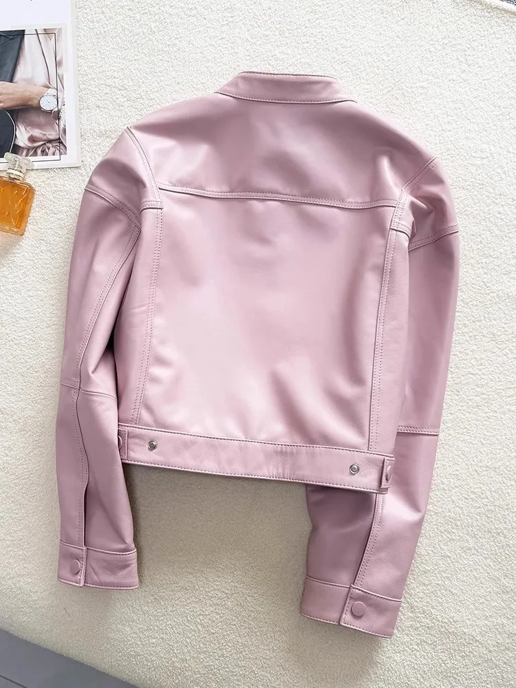 Giacca da donna in vera pelle con zip colletto alla coreana tinta unita vita alta cappotto corto da motociclista capispalla primaverile a maniche lunghe da strada