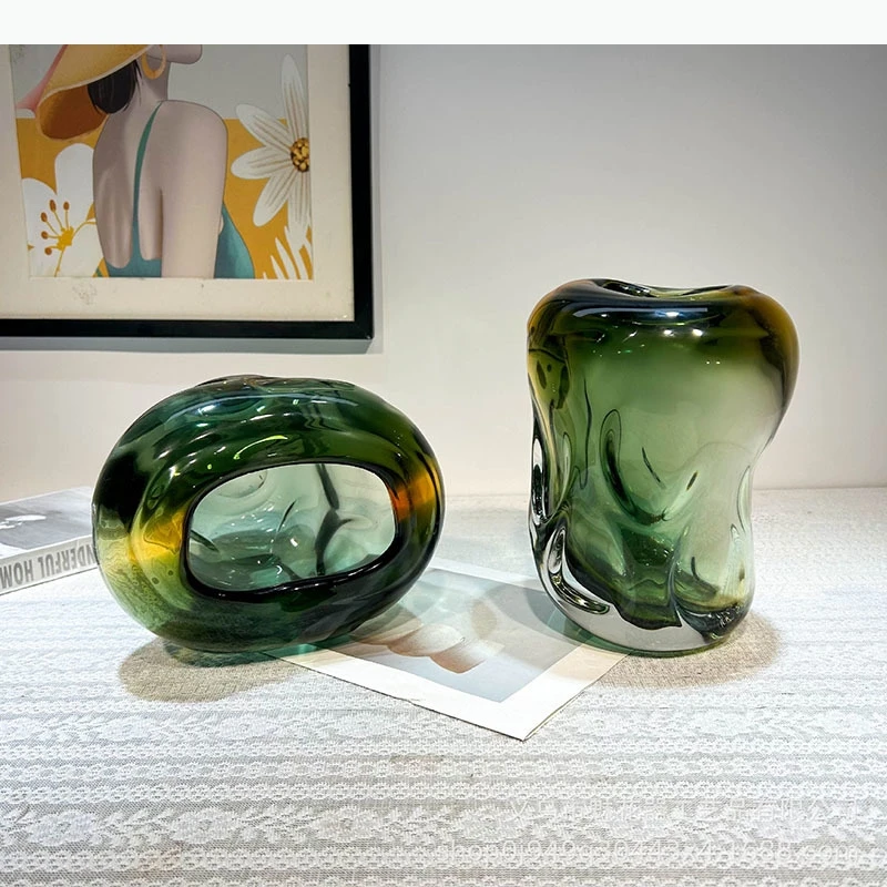 Transparent Green Glass Vase Desk Decoration Artificial Flower Decorative Flower Arrangement Floral Vases Room Aesthetic Decor