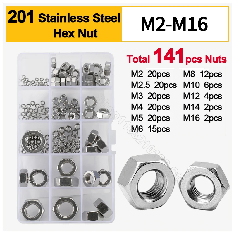 

141pcs/set SUS 201 Stainless Steel Hexagon Nuts Assortment Kit M2 M2.5 M3 M4 M5 M6 M8 M10 M12 M14 M16 Hex Nut Set Box DIN934