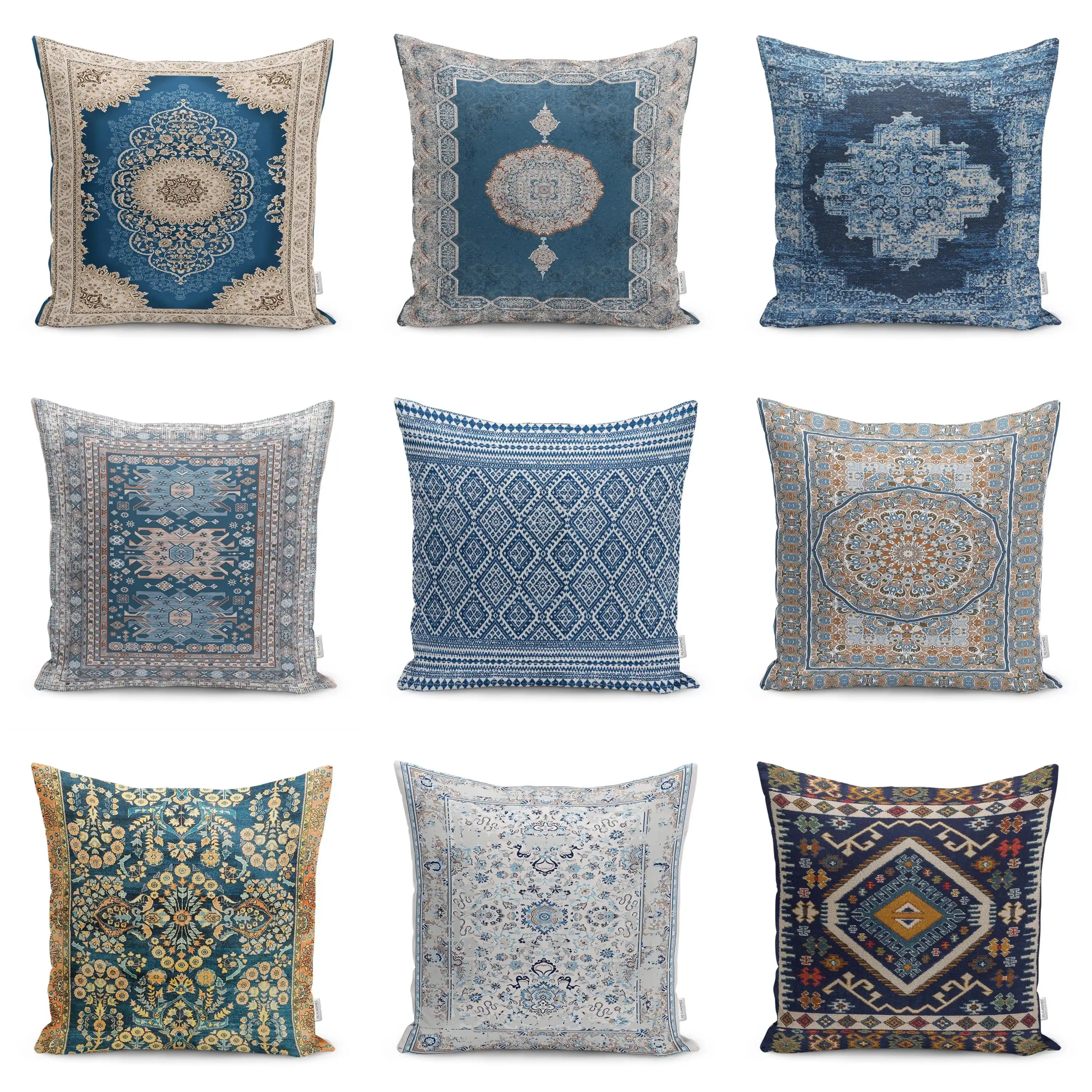 Boho Blue Oriental Kilim Pillow Cover, Turkish Persian Style Cushion, Vintage Rug Inspired Velvet Pillow for Farmhouse Decor