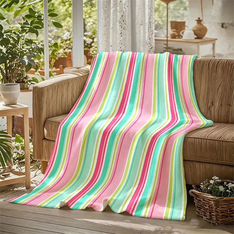 Pastel Stripes Mint Pink Flannel Blanket Perfect for Sofa Office Bed Travel Sleep Read Relax Camping Four Season Use