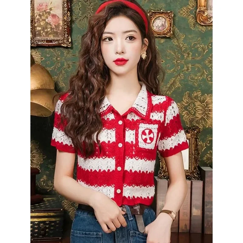 

Vintage Woman Knit Polo Shirts Striped Blouses Openwork Buttons Chic Tops Design Cropped Cardigan Soft Summer Short Sleeve Tops