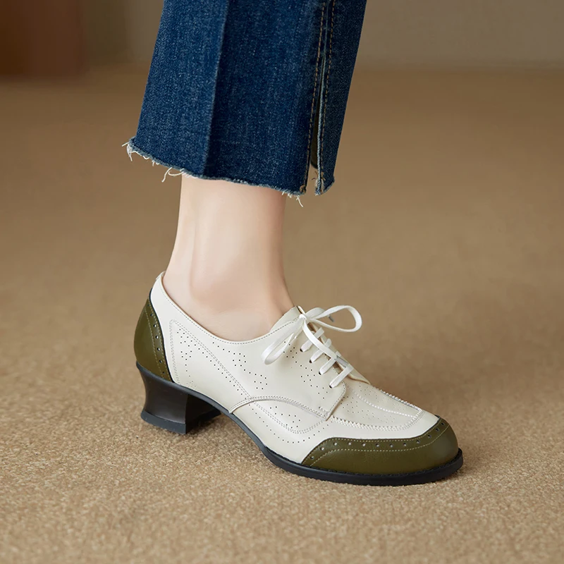 New Genuine Leather Women High Heel Shoes Lace Up Classic Round Toe Mid Heels Shoes Casual Loafers Office Lady Dress Size 34-40