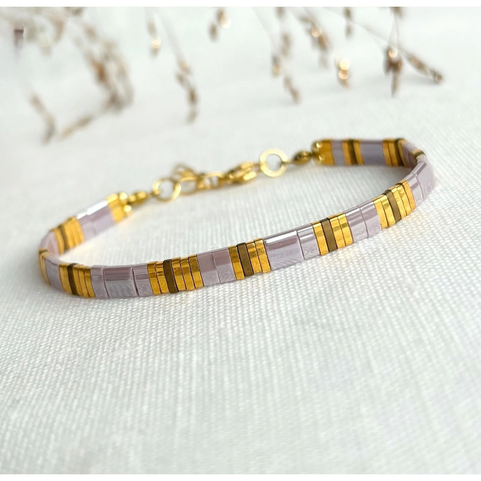 Lilac Gold Accent Colorful Tile Bracelet, Boho Chic Summer Jewelry