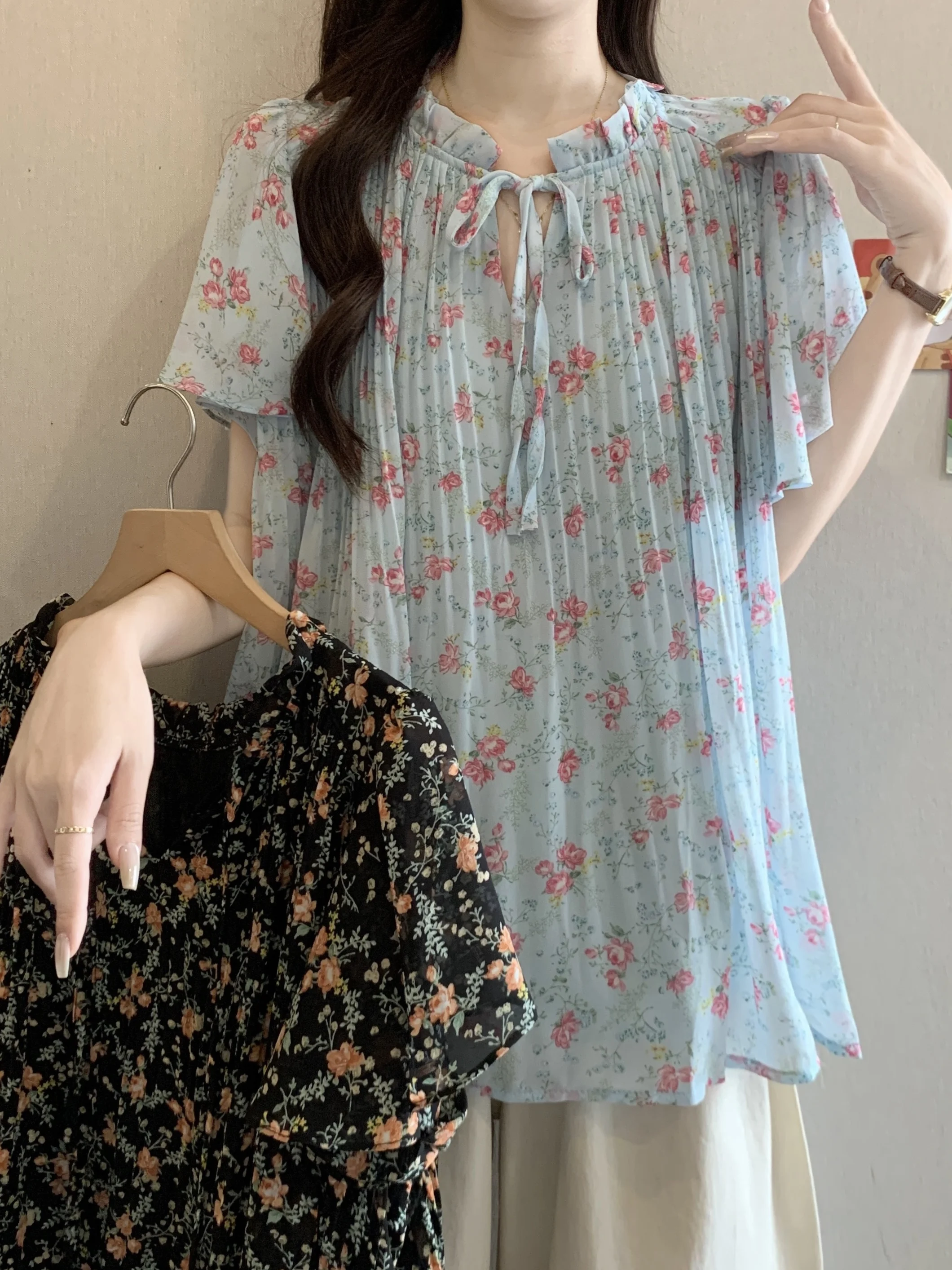 

Korean Style Floral Tie Waist Shirt Women's Summer Fashion plus Size Short Sleeve Top Breathable Polyester Casual Wear