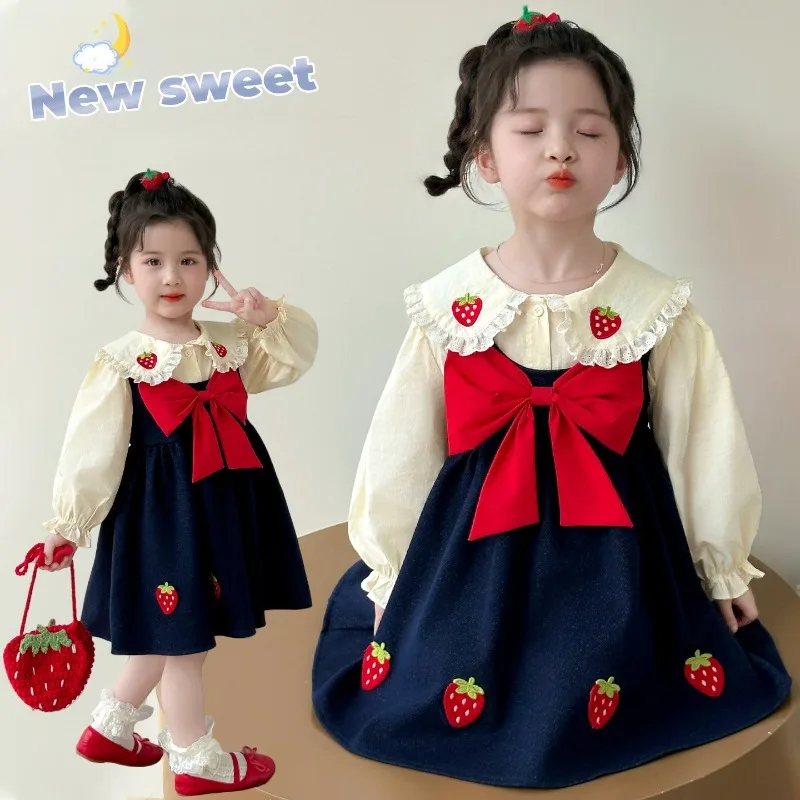 Kids Girl Peter Pan Shirts Suit Loose Red Bow Ruched Toddler Girls Sundress Autumn Children Girls Dress Outfit Cotton Strawberry