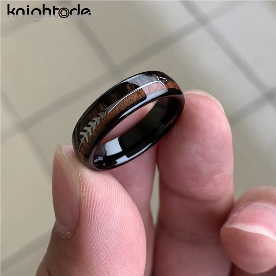 6mm Tungsten Carbide Ring Stainless Steel Arrow/Koa Wood Inlay For Men Women Wedding Band Couple Gift Dome Polished Comfort Fit