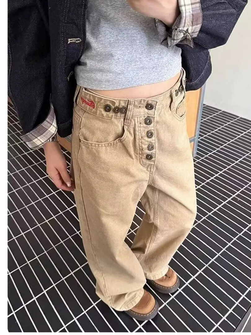 Calças Jeans Americanas Retrô com Botões, Cintura Alta, Soltas, Slim, Cáqui, Perna Larga, Design Moderno para Homens e Mulher...