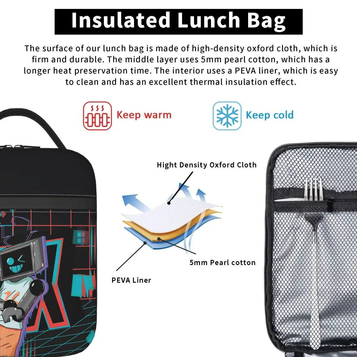 Fnf Hex Neon Artwork Insulated Lunch Bag for Women Kids Leakproof Food Boxes Thermal Lunch Box Tote