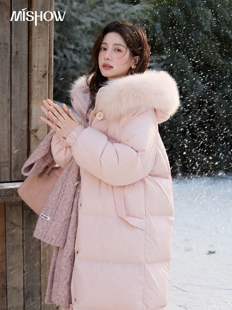 MISHOW Dames Lange Donsjassen 2025 Winter Vos Bontkraag 90% Witte Eendendons Donsjack Warme Jas Grote Zakken MXD112Y0070