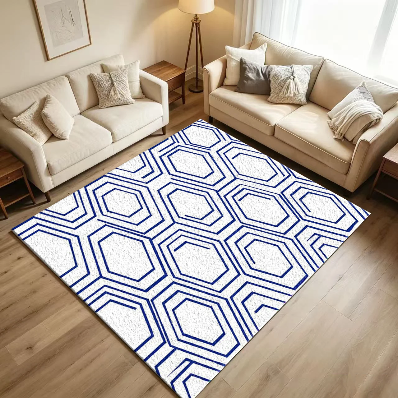 Modern Geometric Hexagon Pattern Carpet Flooring, Stylish Abstract Line Art Non-Slip Floor Mat for Indoor Home Decoration