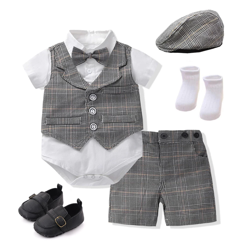 Summer Baby Clothing Newborn Boys Cotton Outfits 7 PCS/Set Formal Children Party Birthday Dresses Kids Plaid Costume