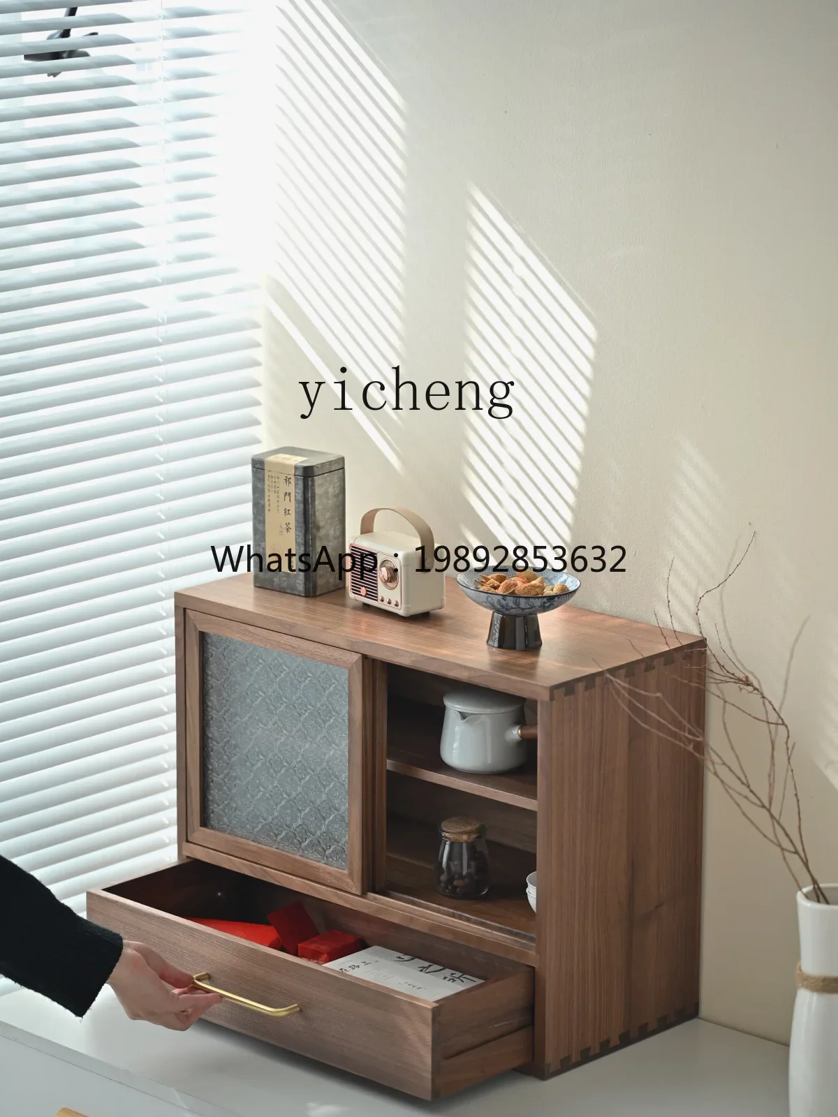 b2 Fuxia Mufang Desktop Storage Cabinet Black Walnut Vintage Begonia Glass Sliding Door Wooden Antique Style Small Cabinet