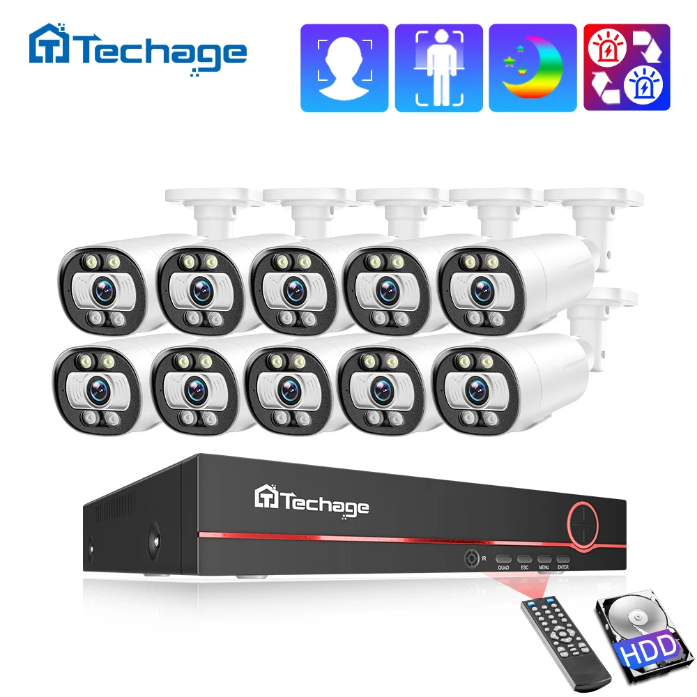 Kit Système de Caméras de Sécurité PoE Techage 8 Canaux 5MP avec Détection Faciale IA, Audio Bidirectionnel, Étanche, Surveillance Vidéo CCTV, Ensemble NVR XMeye