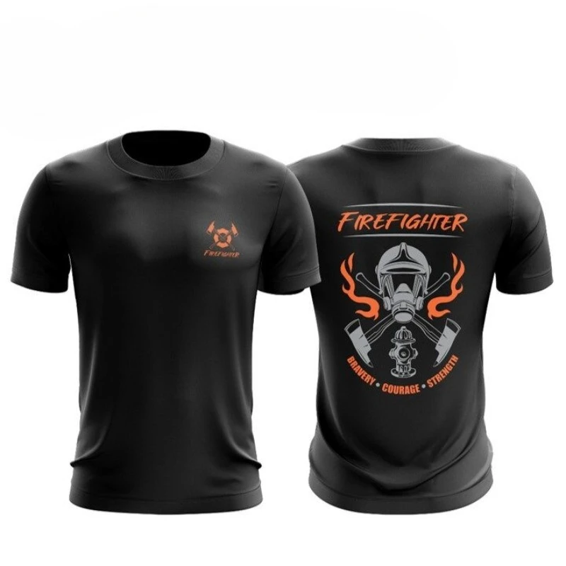 Men 100% Cotton Black Short Sleeve T-Shirt Fireman Helmet & Axes Graphic Print Casual Streetwear Tee
