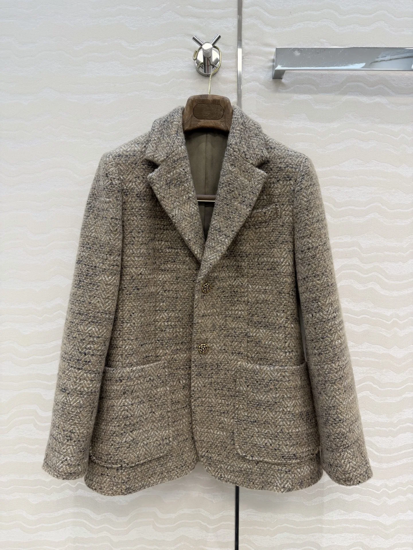 Women's Premium Wool Woven Tweed Blazer, Alpaca Tweed Fabric, Metal Thistle‑shaped Buttons