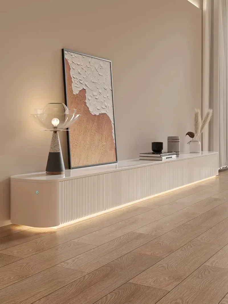 High-grade marble countertop wood TV cabinet TV cabinet with stove varnish and living room rounded corners