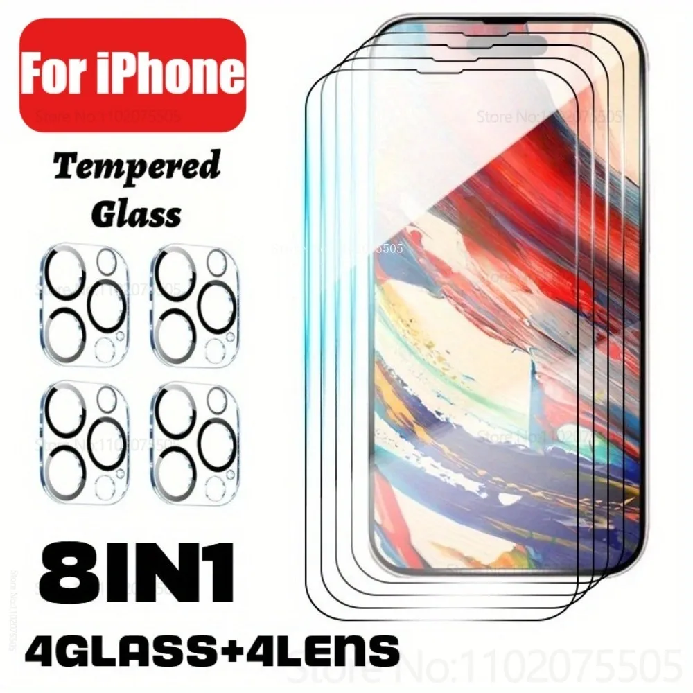 

[8-in-1]4Pcs HD Tempered Glass+4Pcs Lens Protective Film for IPhone 17 Promax 17 Air 11 12Mini 13 Promax 15 14 Promax 16E 16Plus