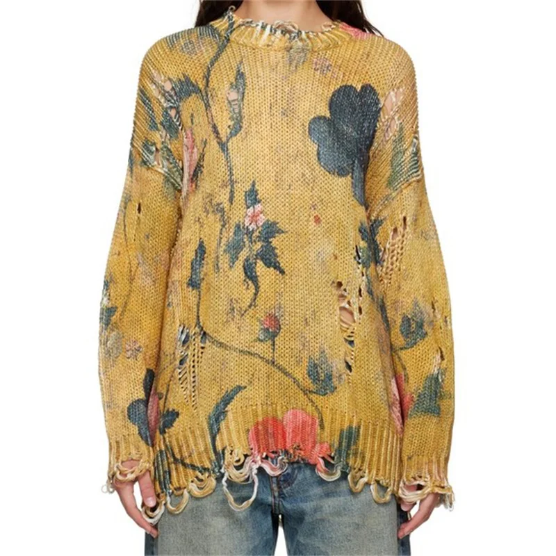 

Women's sweater 2025 Winter new elastic knitted cotton Women's jumper Ink printed round neck pullover Women's long sleeve top