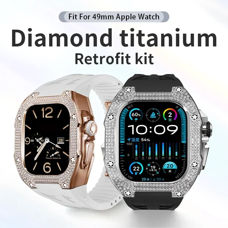 Luxury 5A Cubic Zircon Titanium Case Modification Kit for Apple Watch Ultra 2 49MM Fluororubber Strap High Quality Mod Kit 49Mm