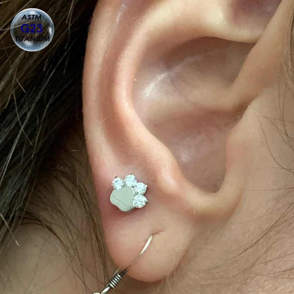 1Pc 1.2x6/8mm ASTM F136 Titanium Piercing Opal & Zircon Paw Ear Jewelry Internally Threaded Labret Stud Helix Tragus Piercing