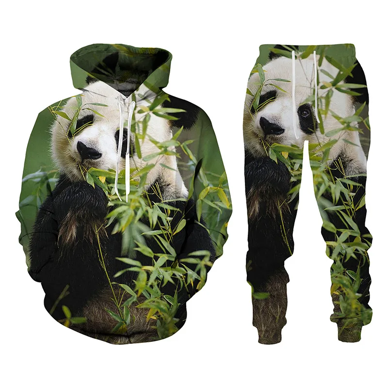

Милый костюм с капюшоном в виде панды, новая осенняя спортивная одежда с 3D принтом животных, комплект из 2 предметов, мужской пуловер большого размера, мужские винтажные повседневные костюмы