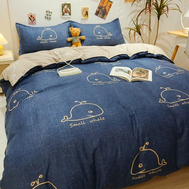 Kawaii Little Whale Printed Bed Set Floral Duvet Cover Pillowcase Bedding Set Cute Bed Sheet Quilt Cover Single Queen King Size