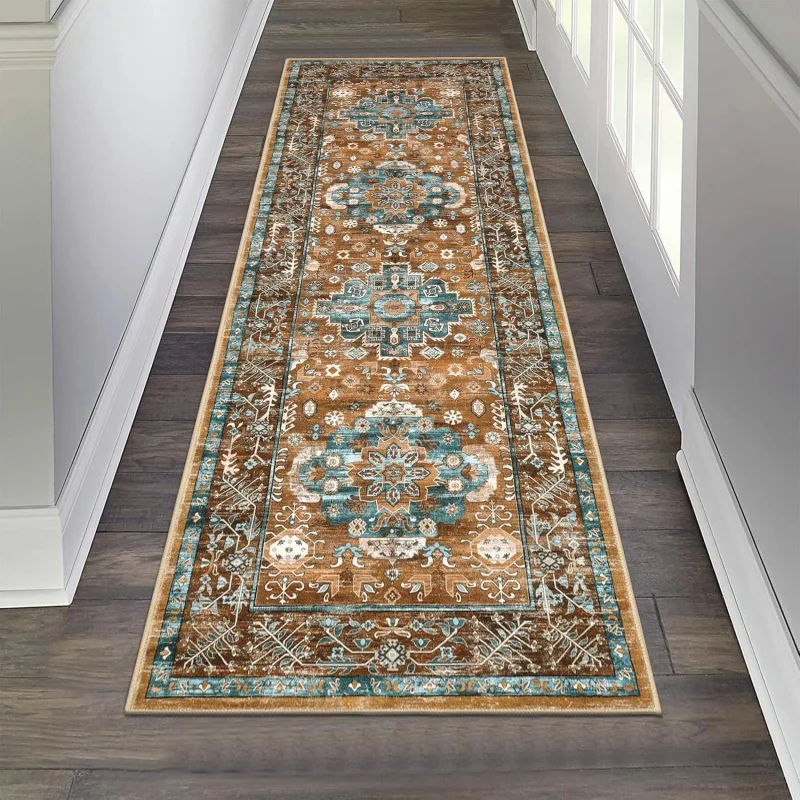 VIKAMA Farmhouse Vintage Runner Rug Brown Cream Medallion Floral Design Non Slip Mat For Hallway Kitchen Entryway Decor