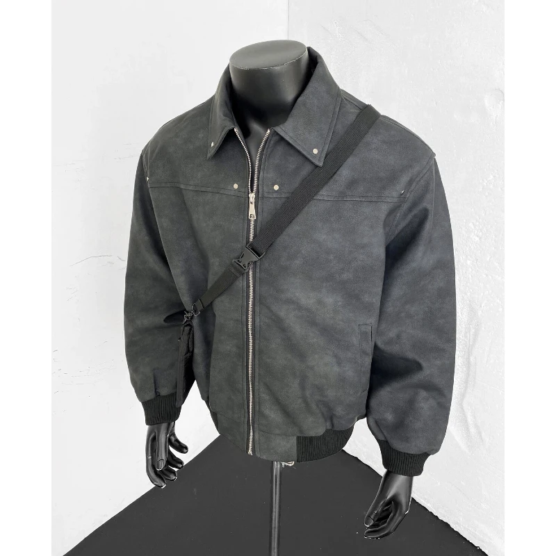 

Trendy Tie Dye PU Leather Jacket Men Spring Stand Up Collar Motorcycle Casual Leather Jackets Social Street Wear Harajuku Coat