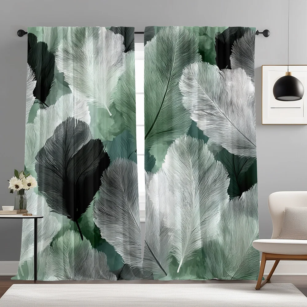 Modern Botanical Feather Curtains 2pcs Emerald Green Jungle Foliage Leaf Window Panels Pair Curtains Curtain House Decor