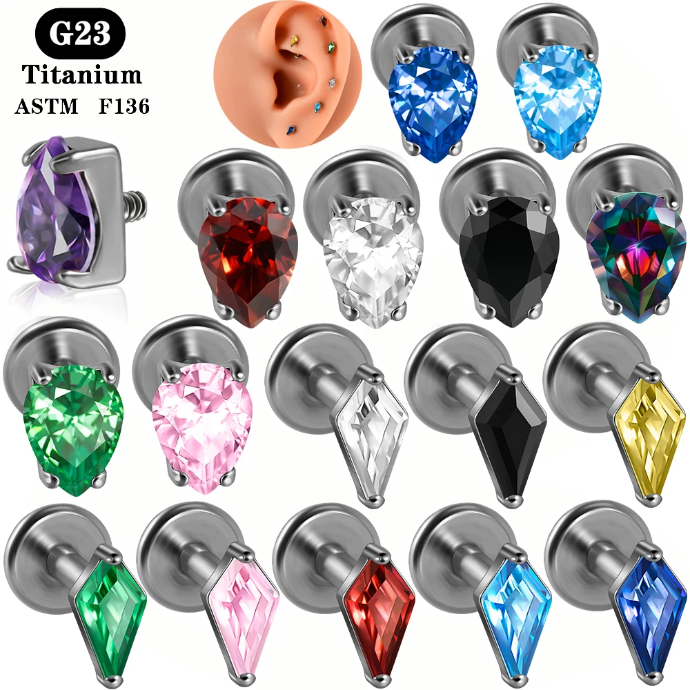 1PC ASTM F136 Titanium Geometry Thick Claw CZ Labret Ear Lobe Helix Tragus Cartilage Studs Lip Piercing Jewelry 1.2x8mm