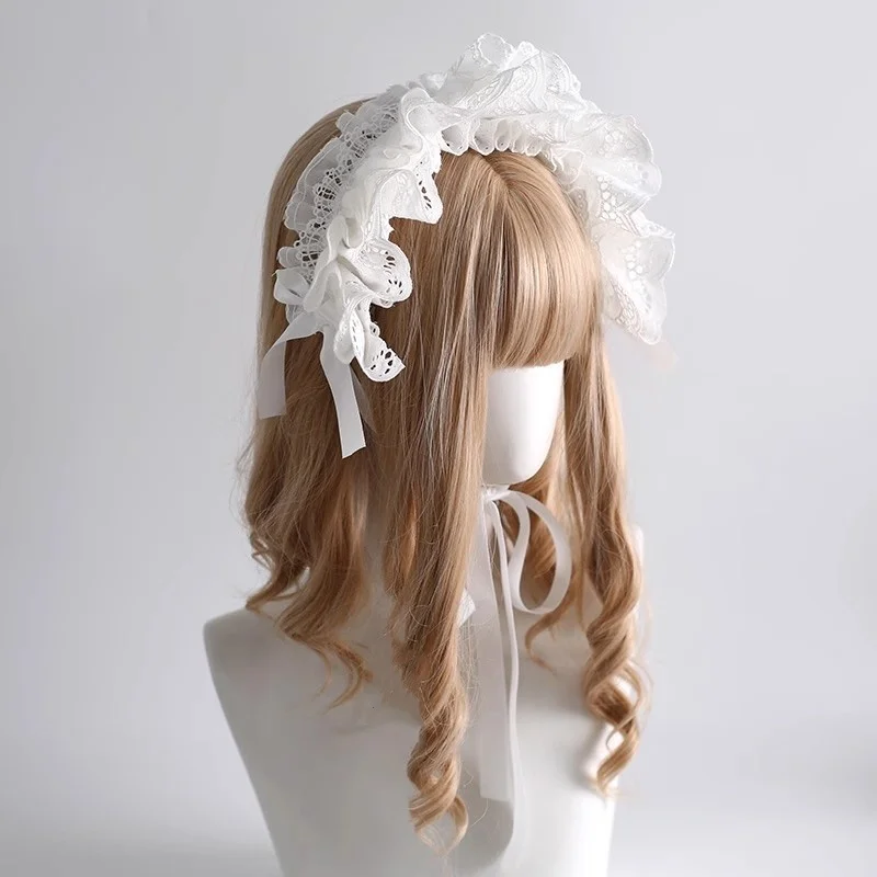New Original Cute White Doll Sweet Lolita Hairband Japanese Lolita Lace Bow Headwear Maid Cosplay Headpiece