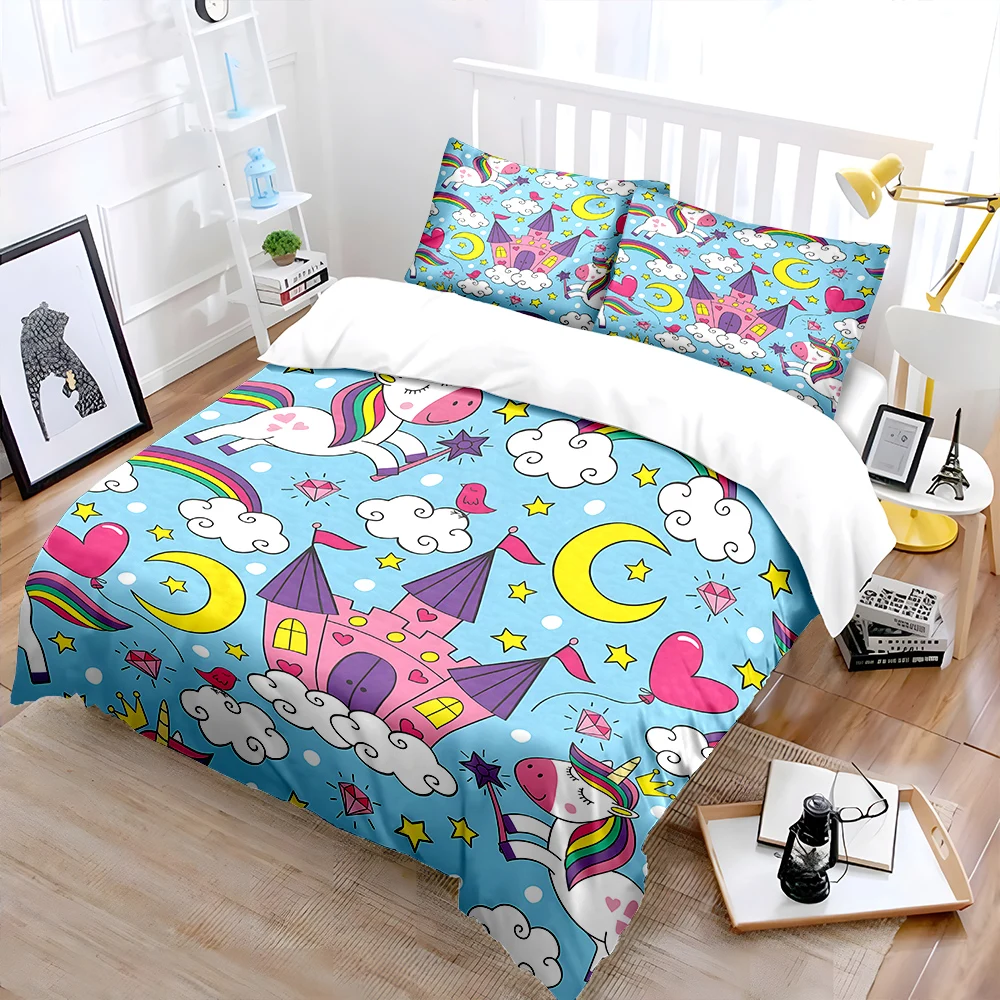 Magical castle with rainbow unicorn Print Bedding Set 1 Duvet Cover 2 Pillowcases for Adult and Children Luxury Gift Full Size