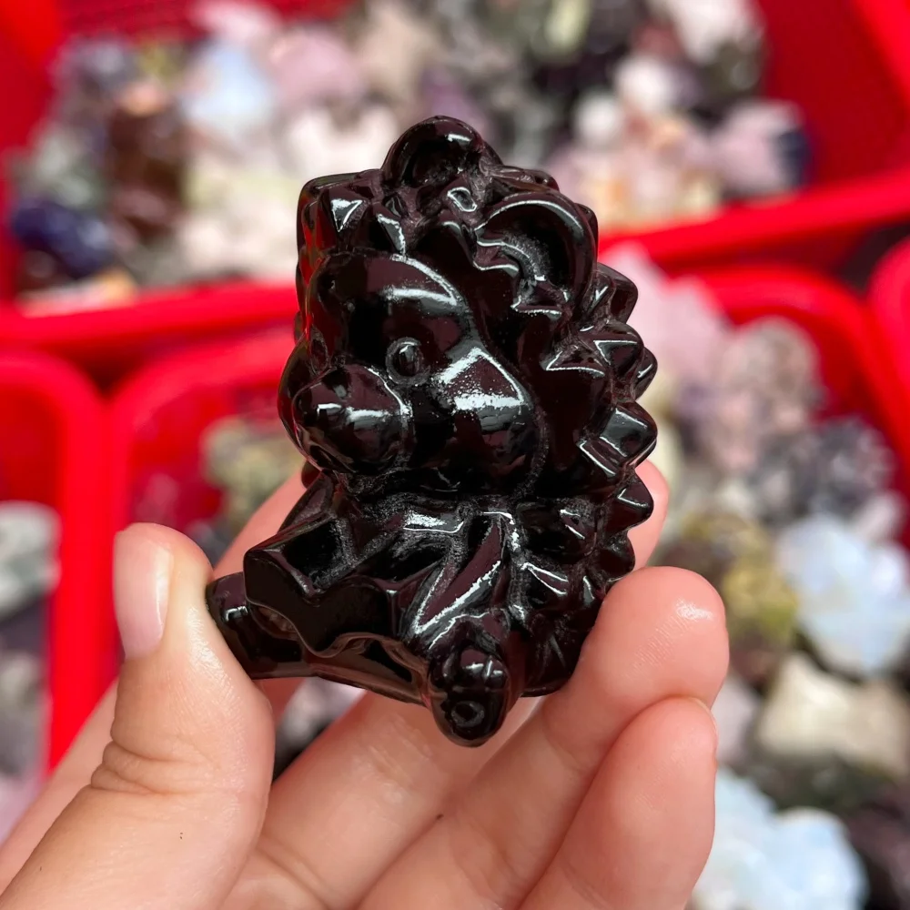 1PCS Black Obsidian Cartoon Hedgehog Carving Reiki Healing Stone Polished Natural Quartz Feng Shui Energy Gift Room Decor
